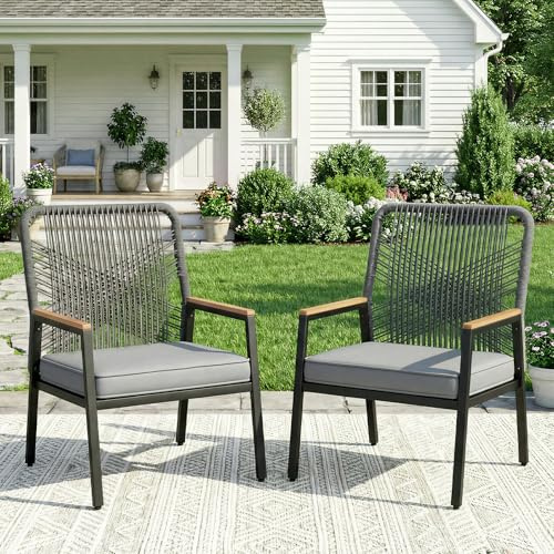 LIFERUN Gartenstuhl Rattan 2er Set, Terrassenstühle, Balkonstühle Metall | mit 8 cm Sitzkissen, Max 160 kg, WPC Armrest, witterungsbeständig, PE Rattan, für Terrasse Garten Balkon, Grau, 2PCS