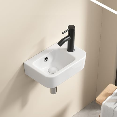 GenSDH Wall Mounted Bathroom Vessel Sink, Ceramic Rectangle Floating Lavatory Corner Mini Wash Basin Modern Vanity Sink Art Deco Basin for Garage Balcony,White-Right,White-Right