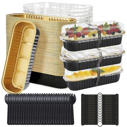 YDAKGUEY 200 Pcs Mini Loaf Cake Cases, 50 Sets Dessert Cups with Lids Spoons and Stickers, Mini Cake Tins for Bread Cake Wedding Birthday Picnic Party (Black, Rectangular)