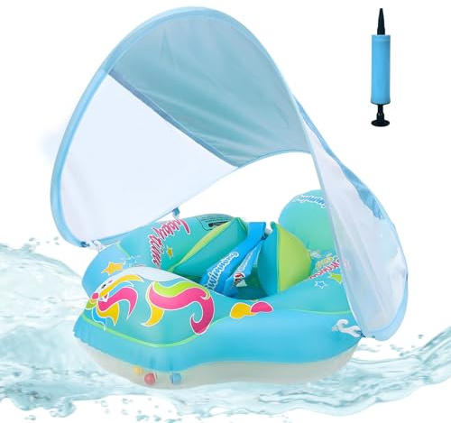 XIMEY Salvagente Neonato con Parasole, Baby Float Gonfiabile per Neonati 3-72 Mesi, Galleggiante Piscina con Cinture di Sicurezza & Camere d’Aria, Protezione UV per Mare e Piscina (E, S)
