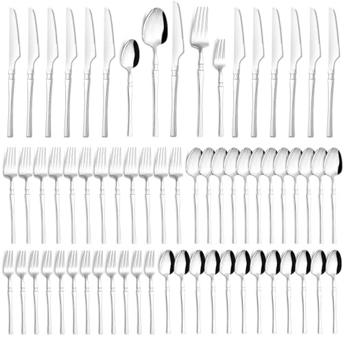 Gyxova 60 Piezas Juego de Cubertería de Acero Inoxidable Cubiertos Juego de Cubiertos para 12 Personas con Cuchillo Tenedor Cuchara para Reuniones Familiares Bodas Cumpleaños Fiestas Apto para Lavavaj