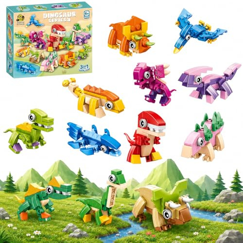 GGesii 12 Detalles Cumpleaños Niños, 3 en 1 Mini Dinosaurios Bloques, Regalos para Fiestas, para Regalos de Pascua, Navidad y Halloween Adecuados para Niños y Niñas de 4 a 12 Años