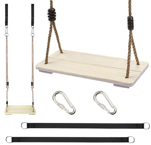 KINSPORY Holz Schaukelsitz, Garten schaukel mit Einstellbares Hanfseil, für Innen und Außenbereich, Schaukelsitz bis 130 kg