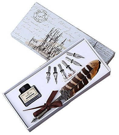 Vintage Schreibfeder Kalligraphie Feder Federstift Tinte Set Antiken Feder Kalligraphie Stift Geschenkset mit 5 Federn und Tinte für Kinder Freund