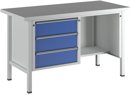 ANKE | Werkbank | Gestellbauweise Serie V | 3 Schubladen | ½ Ablageboden | Arbeitshöhe 890 mm | Universalplatte