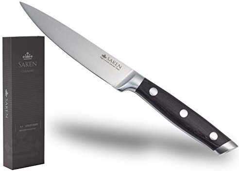 Saken 4.5-Inch Paring Knife - High-Carbon German Steel Kitchen Utility Knife with Wooden Handle in Dark Wood Finish - Multipurpose Kitchen Knife Mincing, Slicing, Chopping, and General Cutting Work