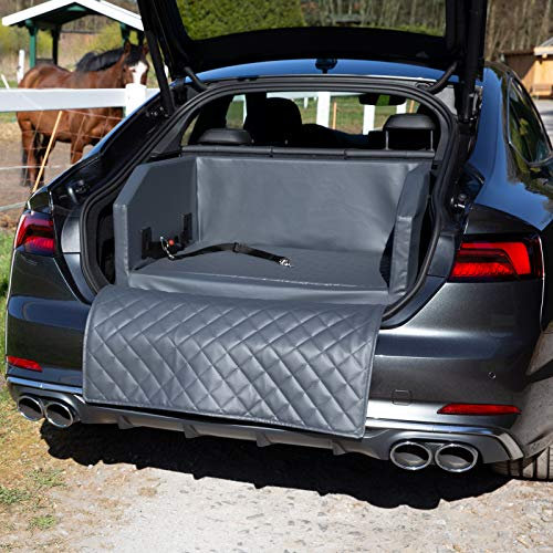 CopcoPet - Travel Bed Hundebett für Kofferraum 90x70x38cm Kunstleder - Kofferraumschutz Hund wasserabweisend & Kratzfest - Hundebett Auto Anschnallsystem & Schutzdecke - Reisebett Hund Grau