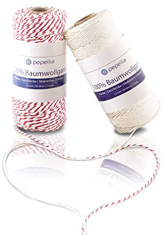 PEPELLIA Baumwollgarn 100% reißfest – 180 m Qualitätsbindfaden – Baumwolle – Allrounder Faden – ideal als Küchengarn und Bratenschnur – Makramee Garn 1,5 mm – 3-lagig verdreht