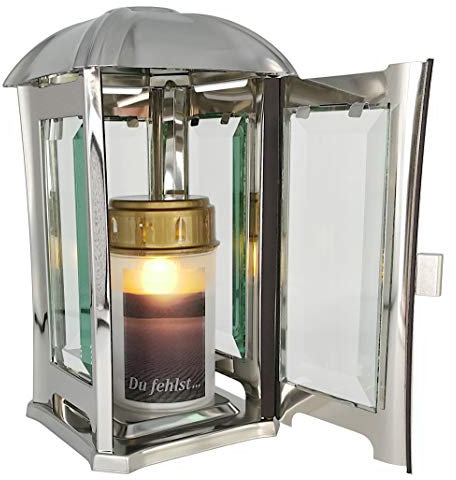 Lanterne funéraire - En acier inoxydable - Avec vitre en verre à facettes - Avec Lampe funéraire LED 24 cm (polie)