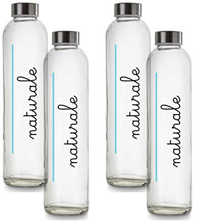 BrandPrint Set di 4 Bottiglie in Vetro Modello Eos da 750 ml, serigrafate, con Tappo a Vite in Acciaio Inox. Per Bevande e Succhi (4 Naturali)