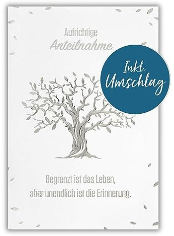bsb Trauerkarte zur Beerdigung - liebevolle Beileidskarten mit Umschlag - Trauerkarte hochwertig mit Baum-Motiv - Herzliches Beileid Karte Trauer - Kondolenzkarte in 11,5 x 17,0 cm