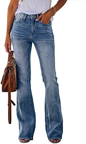 Koinshha Womens High Waisted Jeans Flare Stretch Boyfriend Bootcut Casual Denim Pants Light Blue