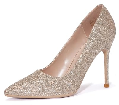 GENSHUO Dam låg kattunge klackar slingback pumps spetsig tå klänning klackar pumps klassiska stängd tå skor storlek 3,5-8,5, guldglitter, 40.5 EU