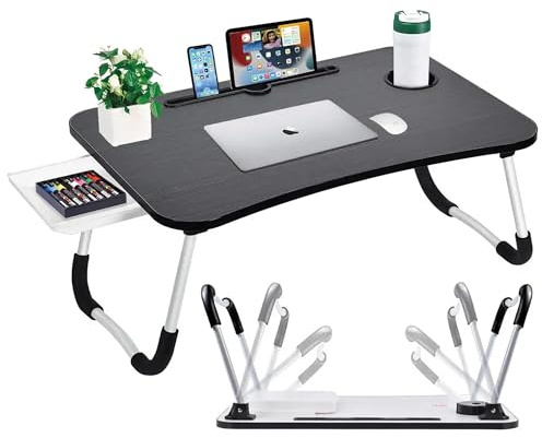 GEEZY Foldable Laptop Table with Drawer - MDF Wood Desk with Cup Holder, Tablet Slot, Anti-Slip Legs - Portable Laptop Desk Tray for Sofa, Bed, Work, Gaming, Eating, TV, Studying, Drawing and Crafts