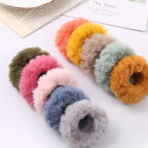 OSALADI Pälsigt hårband för flickor 10-pack konstgjord päls pom pom-hårsnodd elastiskt hårband fluffig hästsvanshållare hårrep ringar