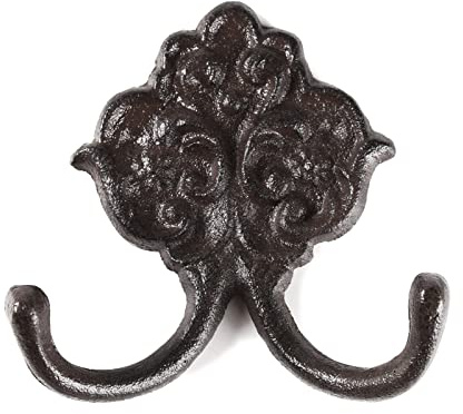 BRASSTAR Cast Iron Simple Floral Decoration Double Hook Hanging for Coats, Bags, Hats, Towels, Keys, Rustic Retro Home Art Decor TQGJPT442