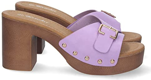 shoes&blues.es 73046 Zueco de Tacon Alto para Mujer, Comodo, Material de Imitacion a Madera, con Talon Abierto, Pala con Hebilla y Remaches Lila Talla 40