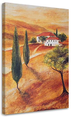 Feeby Wandbilder 20x30 cm Toskana Haus 1 tlg Modern Leinwandbilder Bilder Bild auf Leinwand Kunstdruck Wand Bild Wanddeko Design Schlafzimmer Büro Wohnzimmer Landschaft Bäume Orange