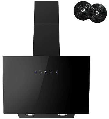 Campana Extractora Inclinada, FIREGAS Campana Extractora 60cm, Con Motor Sin Escobillas, Digital Touch, 9 Velocidades, 578m³/h, Silenciosa,Recirculante y Extracción, Cristal Negro