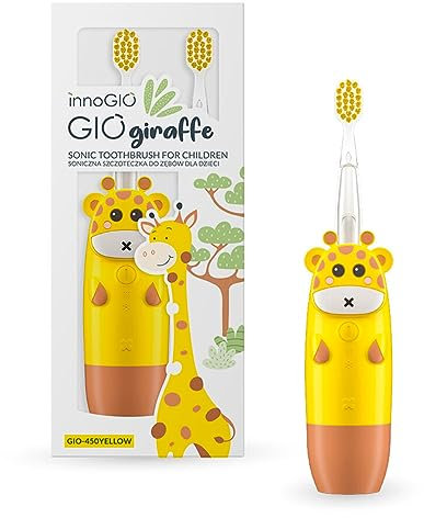 innoGIO Cepillo de Dientes Eléctrico Infantil GIOgiraffe - 7 Colores LED, Mango Silicona, 4 Modos, Temporizador 2 min, Apto Niños entre 2 y 12 años, Amarillo, Pila AAA no incluida (Cabezal Incluido)