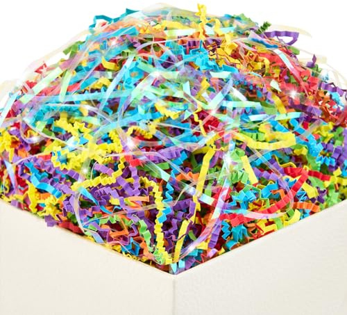 PAPER FAIR 1 LB Iridescent Rainbow Easter Grass Crinkle Cut Paper, Raffia Tissue Paper Filler Shred Strand Craft Bedding Cushion, Anniversary, Christmas, Birthday for Gift Basket Boxes