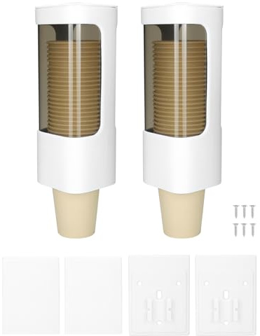 QWORK Wall Mounted Paper Cup Dispenser Set – 2 Pack, Fits 4–5 oz Cups with Smooth Pull Design for Office, Bathroom & Kitchen