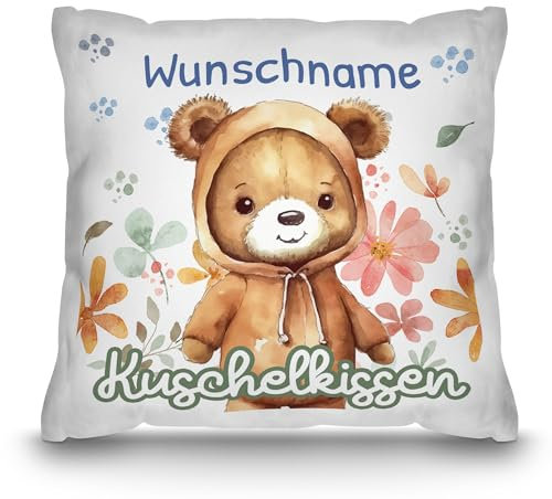 PR Print Royal Personalisiertes Kuschel-Kissen für Kinder mit Füllung - mit Name selbst gestalten - Bär Kissen für Mädchen und Jungs, Kinderkissen mit Name | 40 x 40 cm, Weiß Polyester