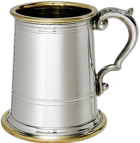 I LUV LTD Zinn Krug Halbes Pint Wortley Design Messingbesatz an Lippe und Basis Sowie Linien am Körper Scroll-Griff Bier Krug Personalisierte Geschenke für Männer und Frauen