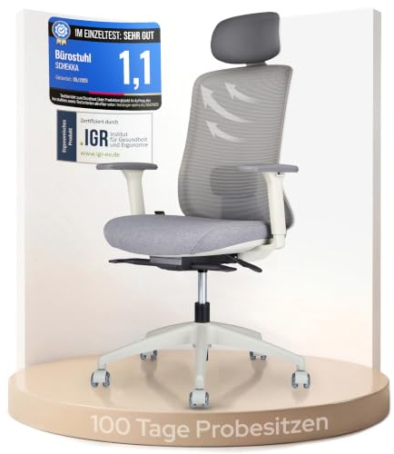 SCHEKKA ErgoPrime Pro Bürostuhl ergonomisch - TESTSIEGER IGR Zertifiziert | Schreibtischstuhl individuell einstellbar - Home Office Chair Drehstuhl - Bürostuhl 150 kg Grau