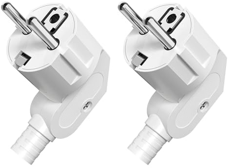 2 Stücke 250V Schuko Stecker, Winkelstecker IP20 für Innenbereich, Europa-Stromstecker/Kabelstecker aus Kunststoff (16A) für 8-10mm Kabel - Weiß