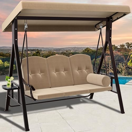 YITAHOME Hollywoodschaukel, 3-Sitzer Gartenschaukel mit Liegefunktion mit Verstellbarem Baldachin und Abnehmbarem Kissen, Geeignet für Erwachsene im Garten, Pool, Balkon, Khaki