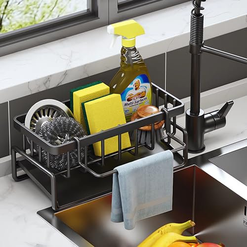 ViWaVee Organizador Cocina, Organizador Fregadero con Bandeja de Drenaje Autodrenante para Soporte de Esponja, Toallero, Soporte para Paños Cocina, Súper Accesorios para Baño-Negra.