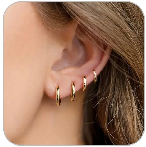 4Pairs Small Hoop Earrings for Women, Dainty 14K Gold Plated Huggie Hoop Earrings Hypoallergenic Lightweight Cartilage Earrings Set for Multiple Piercings for Sensitive Ears (6mm 8mm 10mm 12mm)