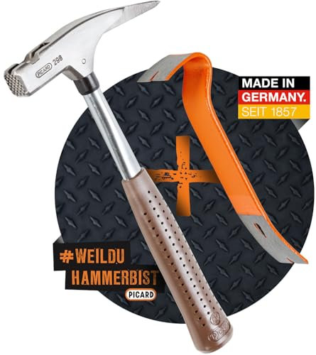 PICARD Latthammer Nr. 298 + Nageleisen | 600 g Kopfgewicht | Geraute Bahn | Magnetischer Nagelhalter | Korrosionsgeschützt | Chrom-Molybdän-Stahlrohrstiel | GS-geprüft | Länge 320 mm | Made in Germany