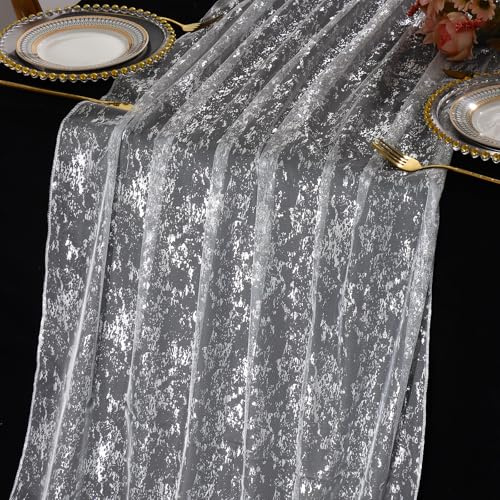 LOMOHOO 70 X 300 Cm Runner Da Tavola Bianco Argento Per Tovaglia Glitterata, Decorazione Per Tavolo Da Cucina, Matrimoni, Interni, Festività, Feste Di Compleanno