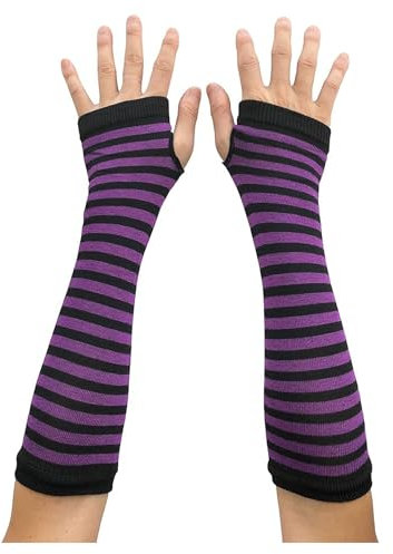 AUSUAYA Armstulpen mit gestreiften, langen Handschuhen mit Fingerless für Cosplay & Goth Weihnachtsparty DE-S-G5 (Lila und Schwarz gestreift, Eine Größe)