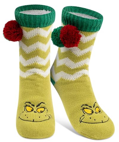 United Labels Le Grinch Chaussettes douillettes pour femmes, Vert, Taille Unique, chaussettes antidérapantes moelleuses avec pompon et doublure, chaussettes de chalet, chaussettes chaudes pour femmes