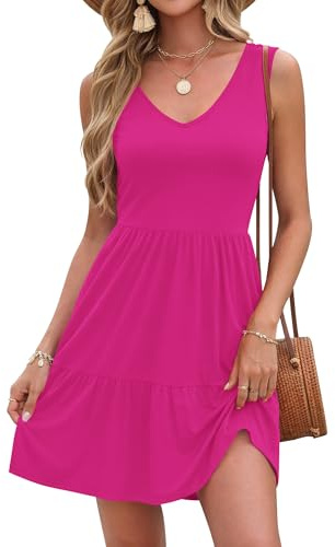 WNEEDU Donna Vestito Estivo Senza Maniche per Le Vacanze Abito da Spiaggia Abiti Prendisole Swing con Collo a V e Tasche
