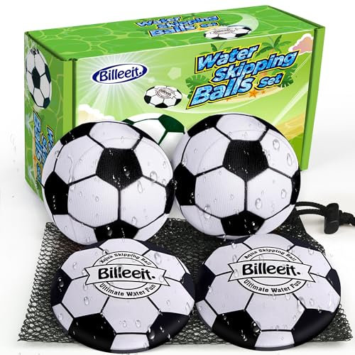 Billeeit 4Pcs Water Skipping Balls for Pool Play(Soccer Theme), Water Pool Beach Swim Toys for Kids Ages 4-8, 8-12 and Adults, Include 2 Balls and 2 Discs
