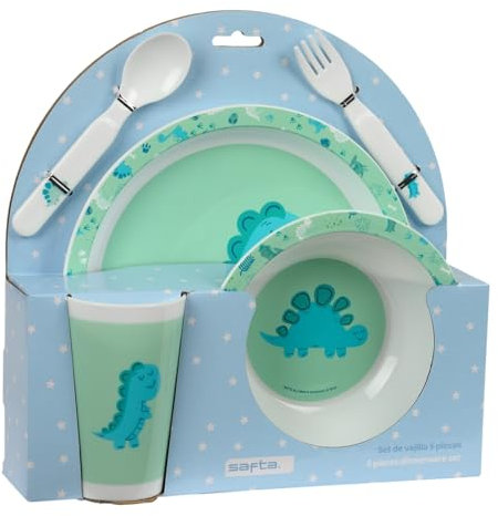 Safta PREESCOAR DINO - Set d'assiettes et couverts, Pack, assiette, couvert, bébé, initiation, repas, confortable et polyvalent, 26 x 9 x 26 cm, vert, M, Décontracté