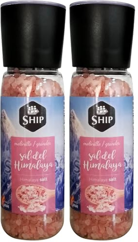 Ship - Sal del Himalaya - Formato Molinillo de 370 gramos - Condimento Culinario Original de España - Ofrece una Composición Alta en Cloruro de Sodio (Paquete de 2)