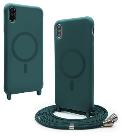 VAVAVOOMY Handykette Hülle für iPhone XR mit Band Halsband Lanyard (abnehmbar) Handyhülle, Verstellbarer Lanyard.Magnetisch Stoßfest Silikonhülle Wireless Charging kompatibel .-Grün