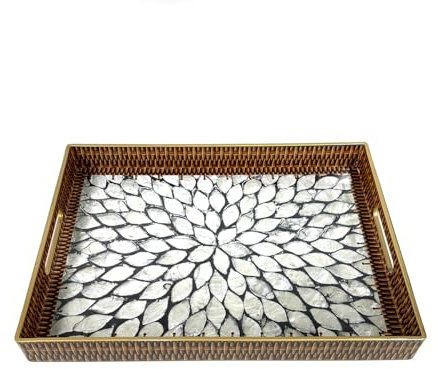 Heaven4you Mosaic Decorative Serving Tray Rectangular Shape with Golden Edge and Handles Elegant Organizer or Food Tray for Kitchen, Coffee Table or Entertaining (Leaf Mosaic)