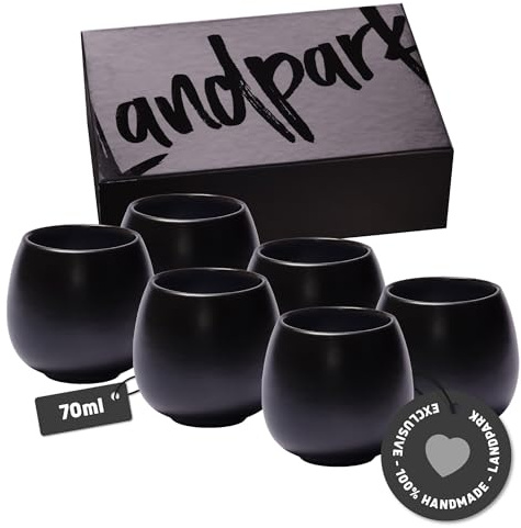 Landpark Espressotassen Set Schwarz (6 x 70ml) - Aus hochwertiger Keramik handgefertigt - Doppelwandige Espresso-Tasse ohne Henkel