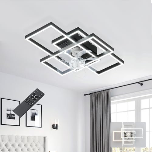 23.6in/60cm Rectangle Ceiling Fans with Lights, Silent Fan Lights Ceiling and Remote for Bedroom - Living Room, Dimmable Memory Function, Quiet Lamps Fan 6 Speed Reversible DC Motor with Timer - Black
