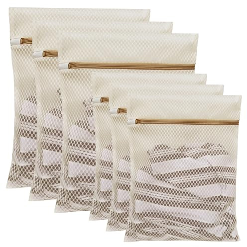 6 Pack Laundry Bag, Durable Honeycomb Mesh Laundry Bags Suitable for Delicate Clothes Washing (3 Large, 3 Medium) Beige