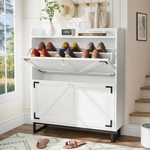 VOWNER Schuhschrank Weiß, Schuhkipper Schmal, Schuhregal mit 2 Klappen, mit 4 Fächern,mit Verstellbar und Abnehmbar, Mit Stahlfüßen, Bauernhausstil, Flur, 80 x 24 x 95 cm