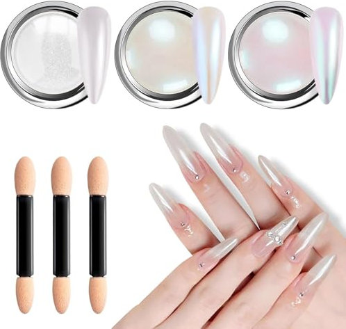 DMQ Pearl Chrome Nail Powder Set, 3Pcs White Aurora Nail Chrome Powders Ice Transparent Nail Pigment Powder, Glazed Donut Pearlescent Mermaid Magic Mirror Effect Glitter for Nail Art Manicure DIY