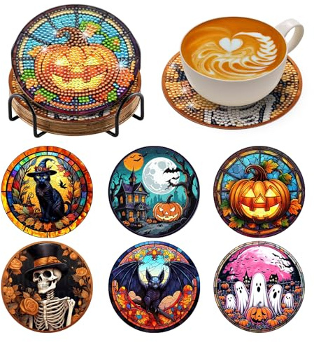 BNG Halloween Diamond Painting Untersetzer Mit Halter 6 Stück | DIY Bastel Untersetzer für Erwachsene, Kunstmalerei Sets für Frauen, Anfänger, Diamant Bastelzubehör