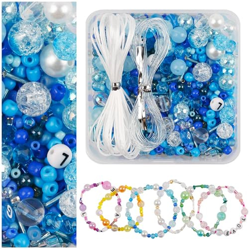 Nurila Perlen für Armbänder, Blau Armbänder Selber Machen, Perlen Set Mit elastischer Kordel, Perlen zum Auffädeln, Perlenset, Beads für Kopfbedeckungen, Kleidung, Hochzeit, DIY Basteln